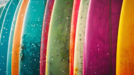 Vibrant water droplets on colorful surfboard lineup