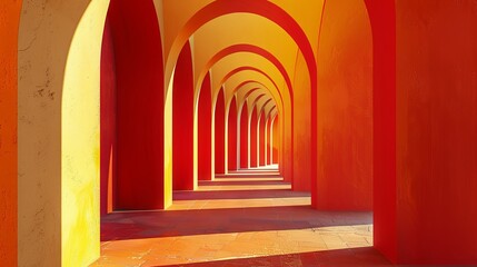 Serene orange arches in bright sunlight reflecting on glossy floor