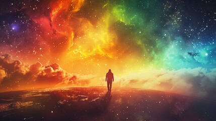 Solitary figure amid cosmic lights and galactic landscape - obrazy, fototapety, plakaty