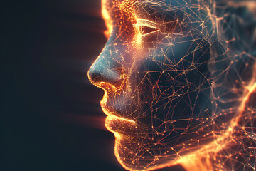 Glowing translucent wireframe visualization of a human face, perfect for futuristic and digital art projects - obrazy, fototapety, plakaty