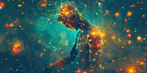 Fibromyalgia Flare-Up: The Widespread Pain and Tender Points - Imagine a person surrounded by glowing points of pain all over their body, highlighting the widespread pain