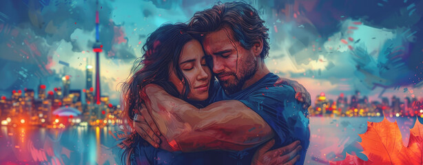 A painting depicting the sensual embrace of a strong man and a woman against the backdrop of a city landscape. Love and weariness from the adventures they have experienced are visible on their faces.