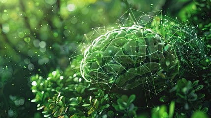 Green digital brain in nature abstract concept