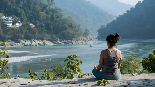 beautiful young woman makes yoga pose Rishikesh.
