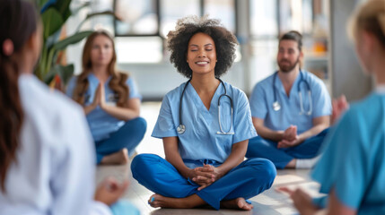 Smiling nurse practicing meditation with colleagues