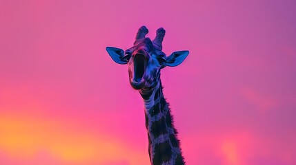 Vibrant sunset hues behind a quirky giraffe portrait