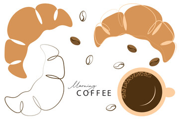 Set of croissant and coffee vector illustration. Breakfast theme with linear pastry and coffee simple sketch design. Vector illustration isolated on white background