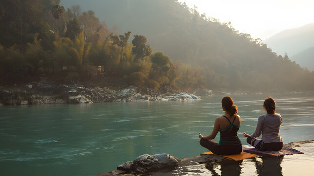 beautiful young woman makes yoga pose Rishikesh.
