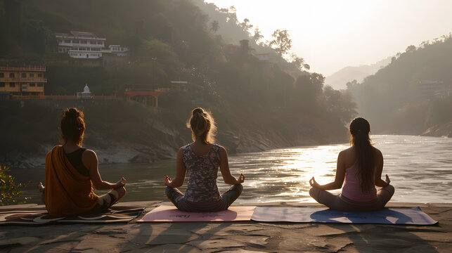 beautiful young woman makes yoga pose Rishikesh.
