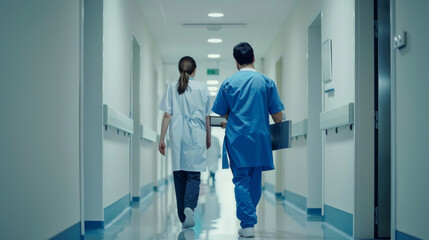 Medical professionals walking through hospital hallway