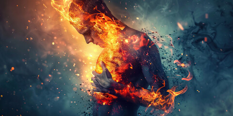 Heartburn Havoc: The Burning Sensation and Acidic Reflux - Visualize a person holding their chest, with flames and acid rising from their stomach, depicting the burning sensation and acidic reflux