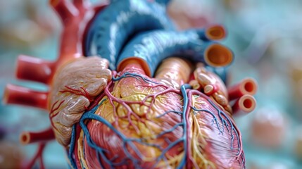 A macro close-up of an anatomical heart model with fine details of the cardiac structure visible
