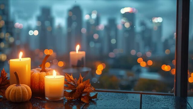 Glowing Pumpkins and Candles on Rainy City Night. Concept Autumn Vibes, Rainy City Night, Pumpkin Glow, Candlelight Ambiance