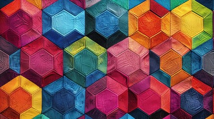 A tessellating pattern of hexagons in various colors