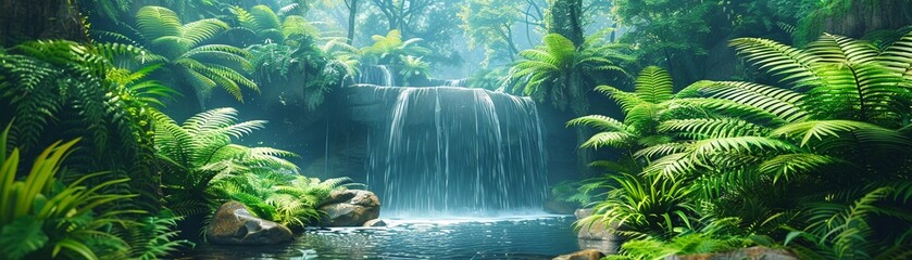 Majestic waterfall cascading into a lush fern gully, surrounded by vibrant greenery, capturing the...
