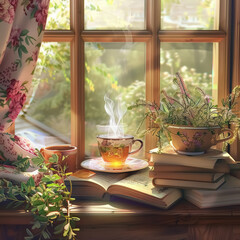 cozy morning sunlight illuminating a peaceful reading nook with steaming tea, books, and plants by the window - obrazy, fototapety, plakaty