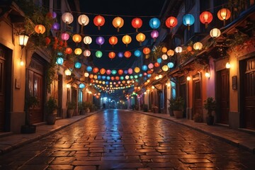 Fototapeta na wymiar Illuminated Bliss: Colorful Paper Lanterns Adorning the Night Street