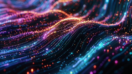 
A futuristic technology wavy background with neon lights pulsating, digital circuits intertwining, glowing particles floating in a dark digital space, - obrazy, fototapety, plakaty
