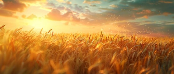 A field of golden wheat swaying in the wind under a sunset sky, capturing the essence of summers end and the cycle of agriculture