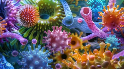 Surreal depiction of microscopic life, vibrant and detailed