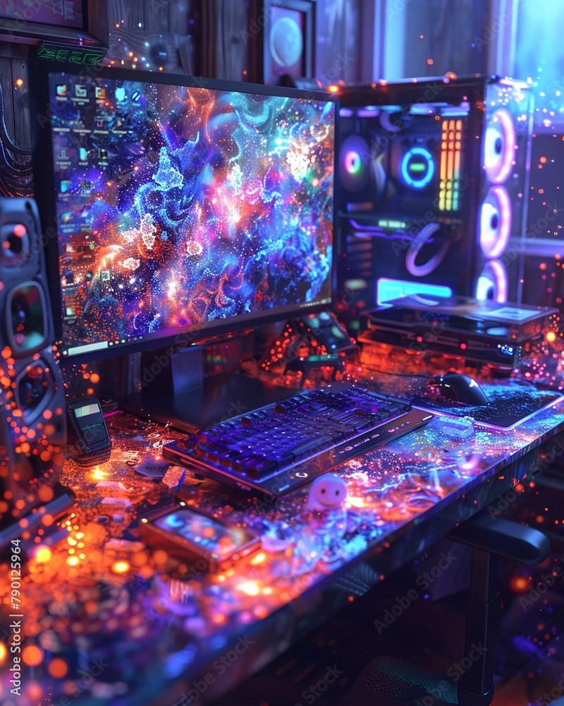 Fototapete artistic computer table with magical, colorful components ,3dcg,high resulution,clean sharp focus