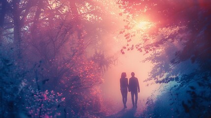 Fototapeta premium Mystical pastel forest scene with young lovers, magic in the air ,ultra HD,digital photography