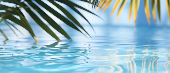 Fototapeta na wymiar Serene Palm Leaves Reflection on Clear Pool Water