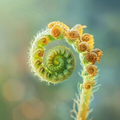Intimate closeup of a fern unfurling a new frond, symbolizing growth and the intricate beauty of natures patterns