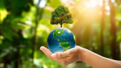 Earth globe ball and growing tree in the hand - Earth Day