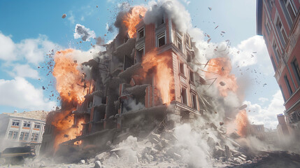 illustration of a burning building hit by a rocket attack, explosion blast in a city