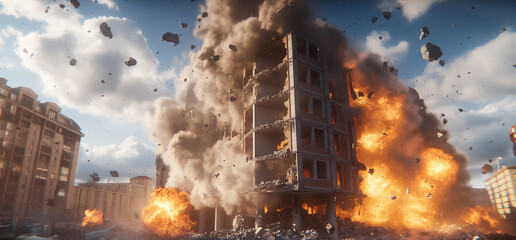 illustration of a burning building hit by a rocket attack, explosion blast in a city
