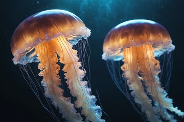"Ocean Ballet: Illuminated Jellyfish Against the Deep Blue Sea"