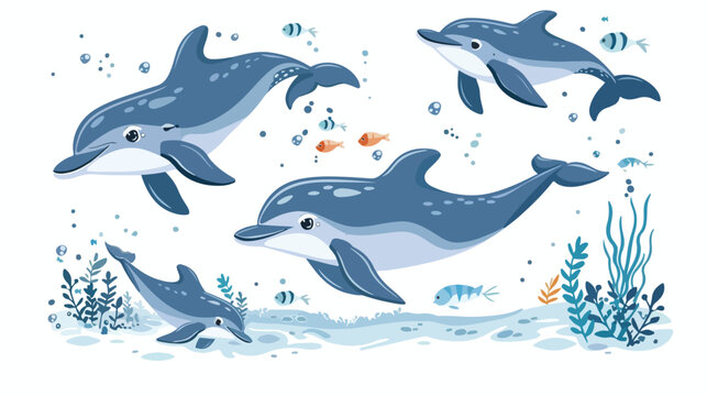 Dolphins in sea water. Underwater fishes aquatic mamm