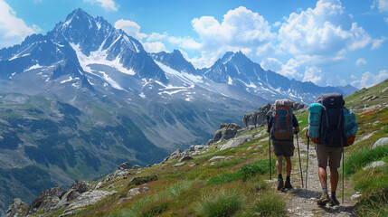 Fototapeta na wymiar Two hikers with backpacks trekking through a mountain pass with towering peaks under a bright sun