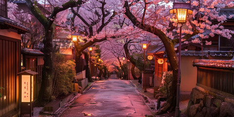 Sidewalk in Japan with sakura trees
