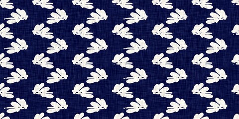 Indigo denim blue leaf motif seamless border. Japanese dye batik fabric style effect print edging swatch.  - obrazy, fototapety, plakaty