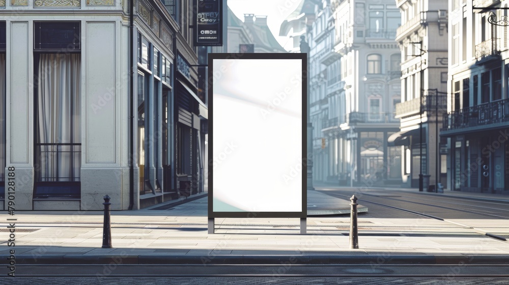 Sticker Blank white mockup of bus stop billboard displayed on an empty street