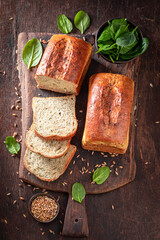 Healthy and delicious spinach bread freshly baked and sliced.