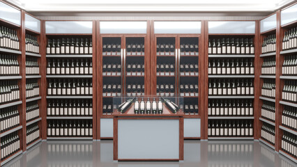 Wine store realistic interior with wooden cabinets, showcases, wine bottles with blank labels. 3d illustration