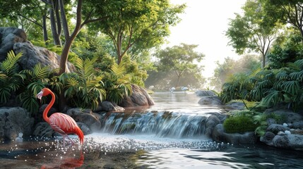 A pink flamingo is standing in a stream of water - obrazy, fototapety, plakaty