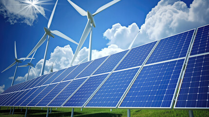 Solar energy panels and wind turbines on green field. - 790128388