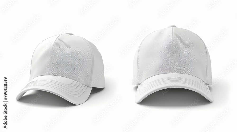 Wall mural Front and side views of a white baseball cap isolated on a white background.