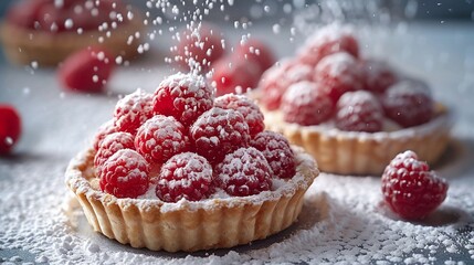 A trio of elegantly arranged raspberry tarts with a dusting of powdered sugar , 3D ,ultra HD,digital photography