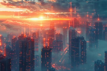 Futuristic city powered by groundbreaking energy innovations, glowing structures, dawn light , 3D ,ultra HD,digital photography - obrazy, fototapety, plakaty