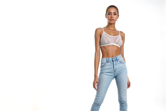 Ragazza in posa con Jeans e top di abbigliamento intimo