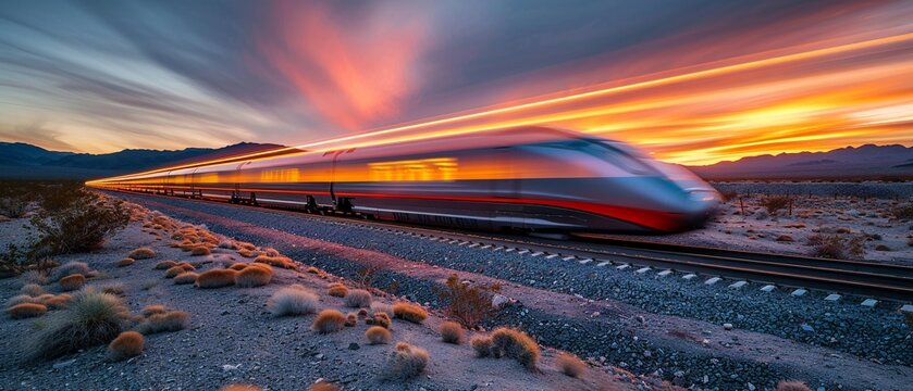 Hyperloop test track in a desert landscape, capsule speeding past, dynamic motion blur, sunset glow , 3D ,ultra HD,digital photography