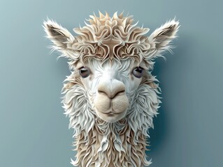 Fototapeta premium 3D layered paper art style illustration of an alpaca head in frontal view with a smile