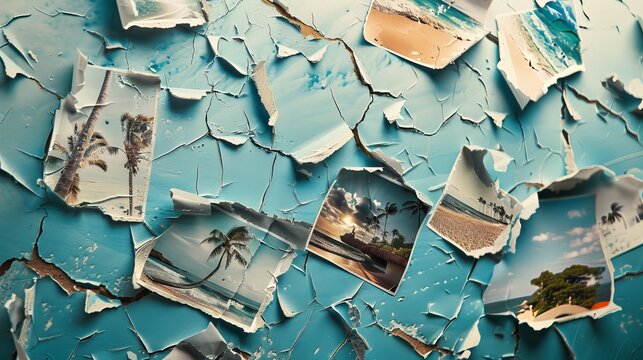 With many photos from vacation on a beautiful seaside with the effect of ripped paper, this is a design, advertising, and concept background.