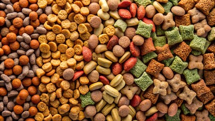 background for a pet store. Assortment of dry pet food. A daily diet of varying shapes and textures.