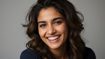 Naklejka premium Young middle eastern woman laughing looking at the camera studio shot. Generative AI